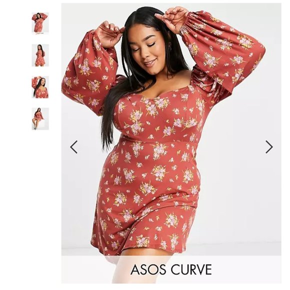 ASOS DESIGN Curve mini tea dress with long sleeves and cup detail  Size 20 - Picture 1 of 4